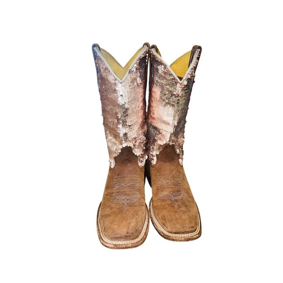 Macie Bean Distressed Leather Bison Sparkle Pink Sequin Western Cowgirl Boots - Picture 4 of 11